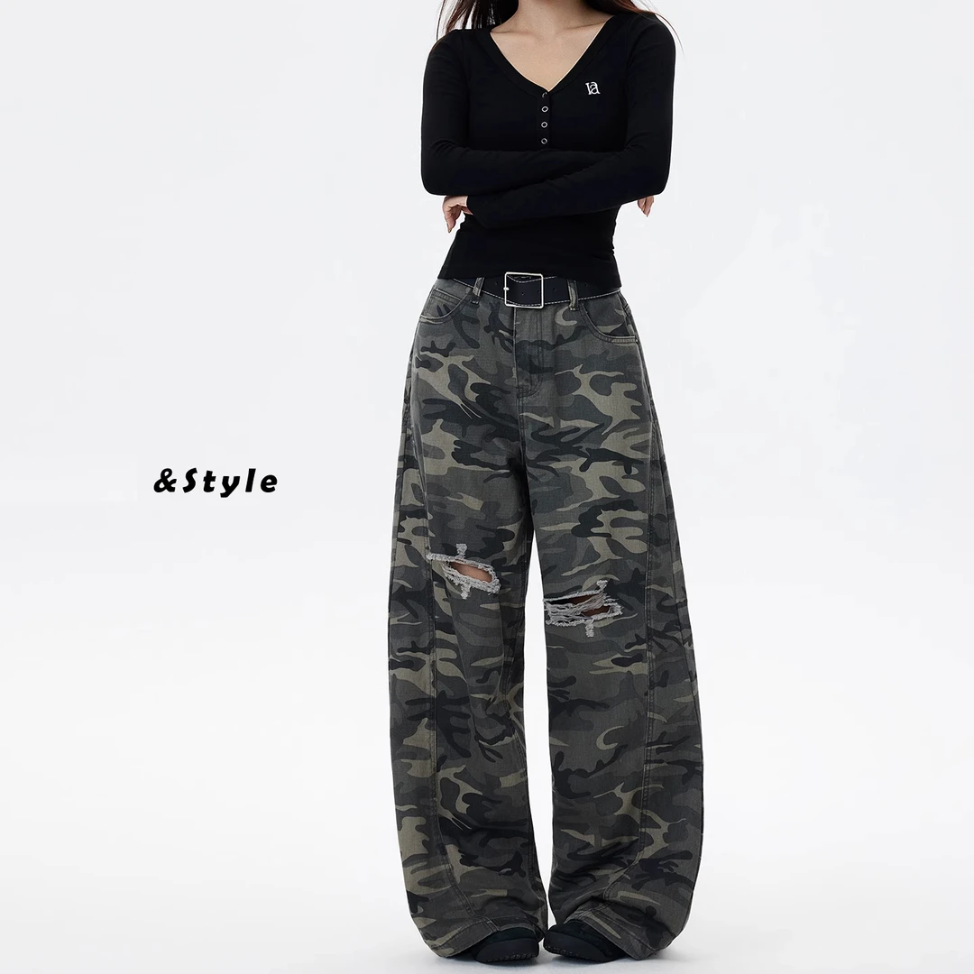 破洞迷彩工装牛仔裤女秋季2025新款高腰毛边设计感宽松阔腿弯刀裤