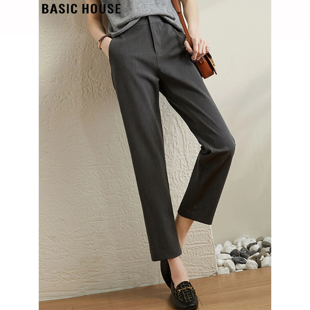 Basic House/百家好休闲灰色九分西装裤女夏季薄款高腰极简直筒裤
