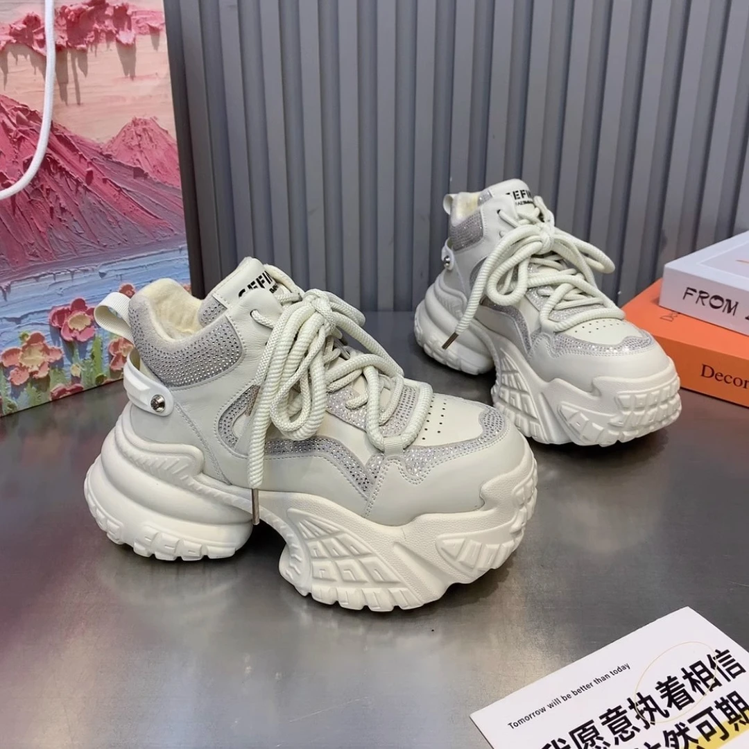 2024【五】冬季新款厚底松糕老爹鞋烫钻高帮女鞋加绒棉鞋舞蹈鞋百搭