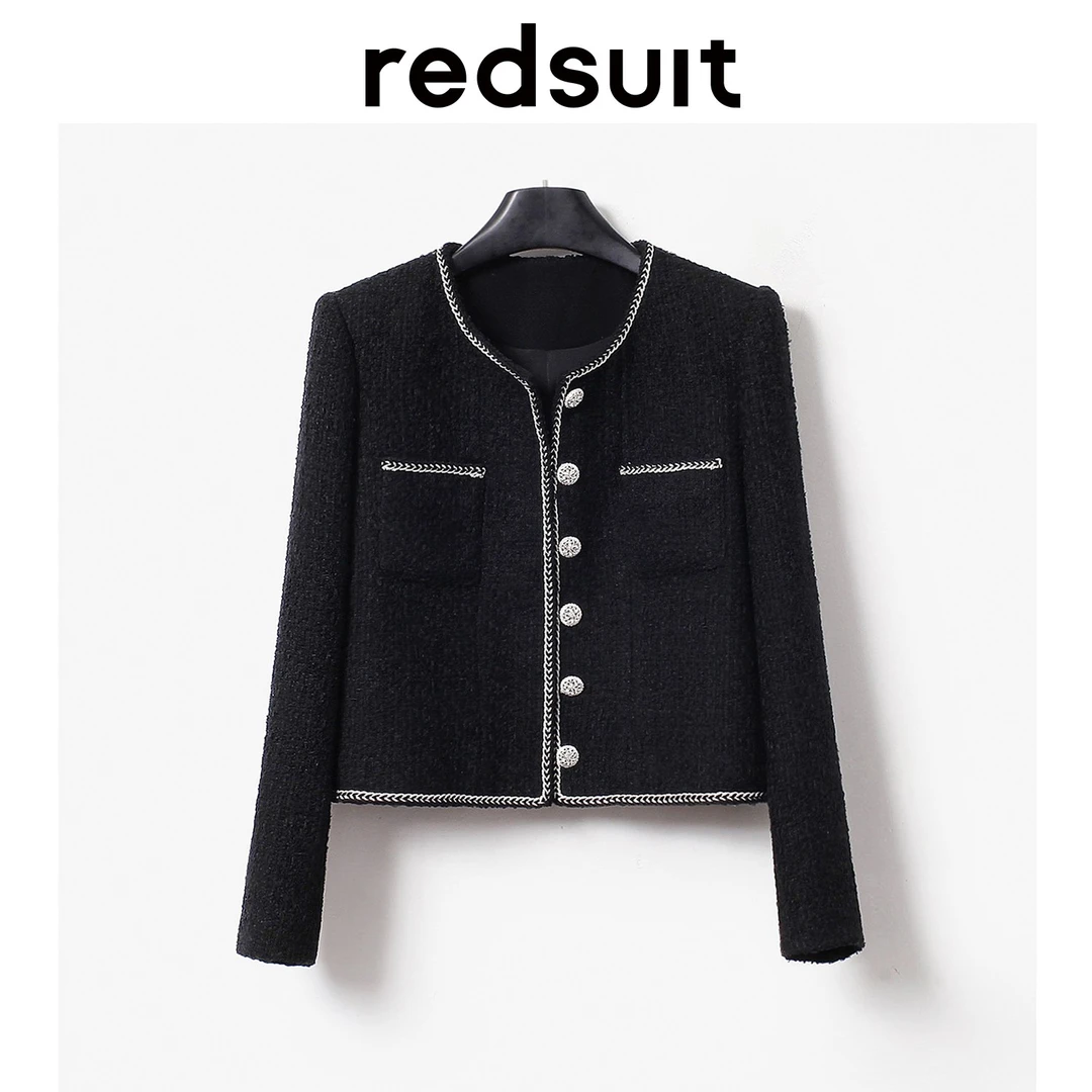 redsuit 简约高级感重工黑辑粗花呢小香风外套圆领百搭长袖上衣