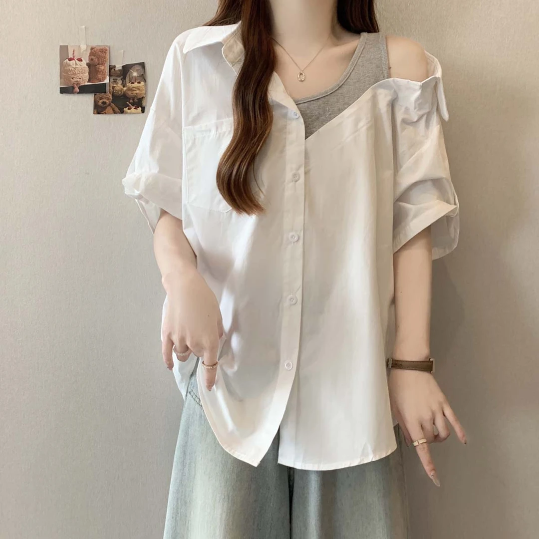 大码设计感露肩短袖衬衫女夏季胖mm宽松显瘦别致小众假两件上衣潮
