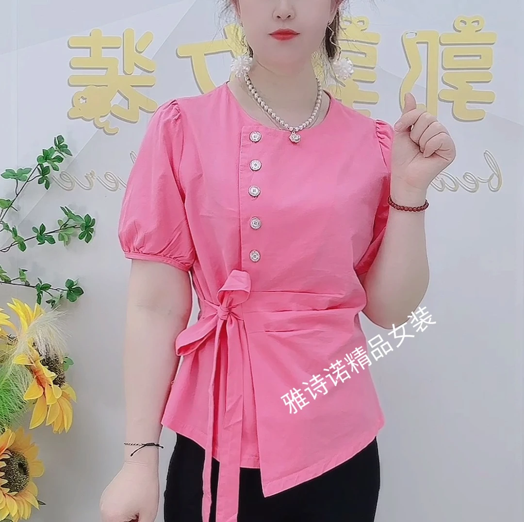 设计感衬衫法式圆领气质泡泡袖宽松短袖夏季系带荷叶边时尚