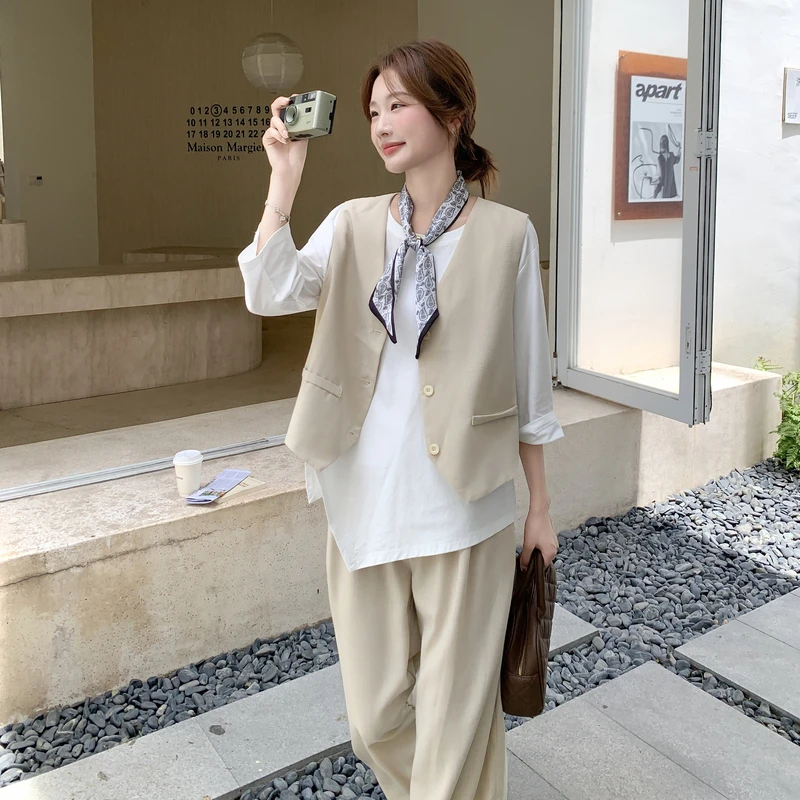 韩系绝美马甲不规则衬衫阔腿裤套装女春秋巨好看三件套爆款高级感