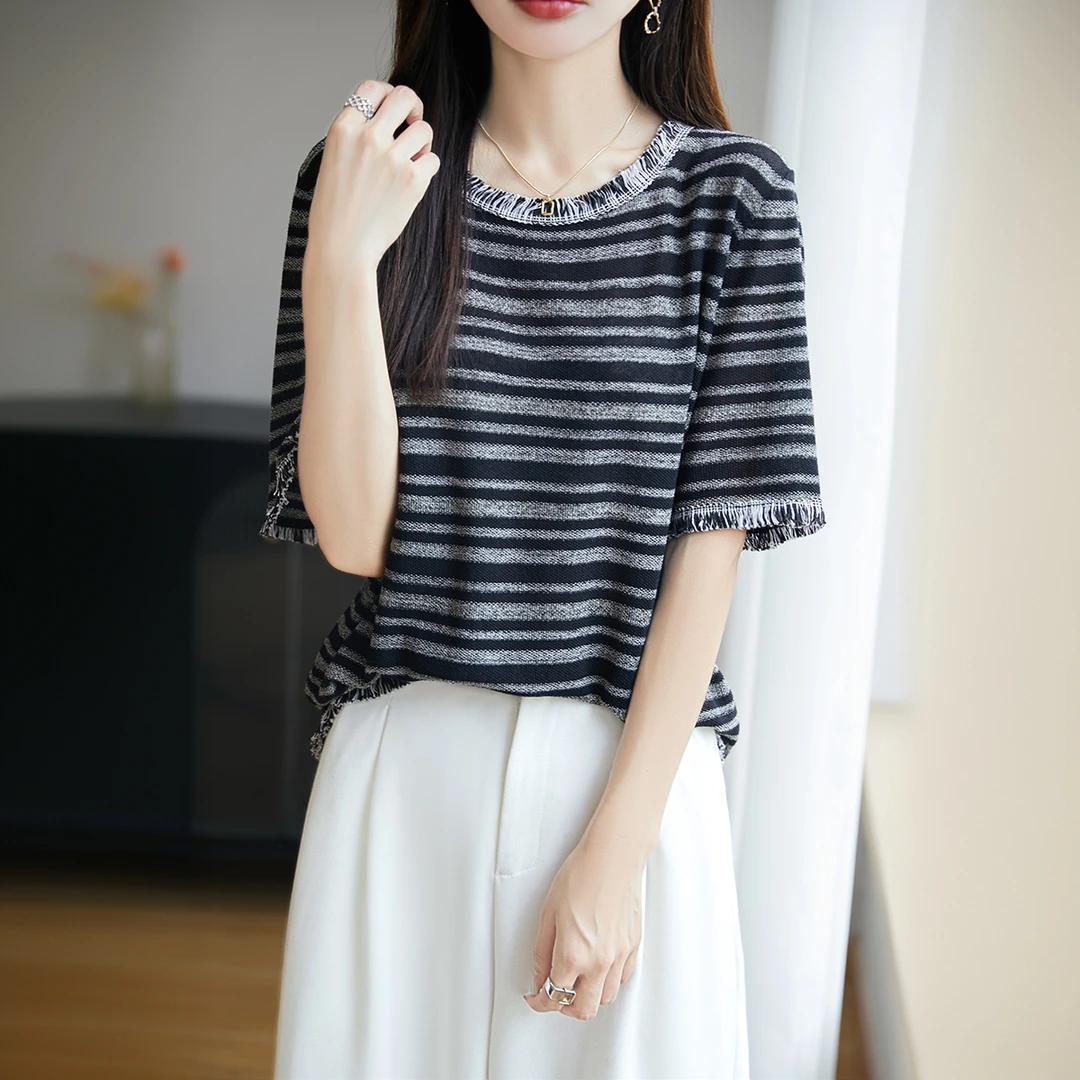 夏季薄款圆领天丝亚麻短袖女T恤时尚流苏无袖上衣宽松显瘦针织衫