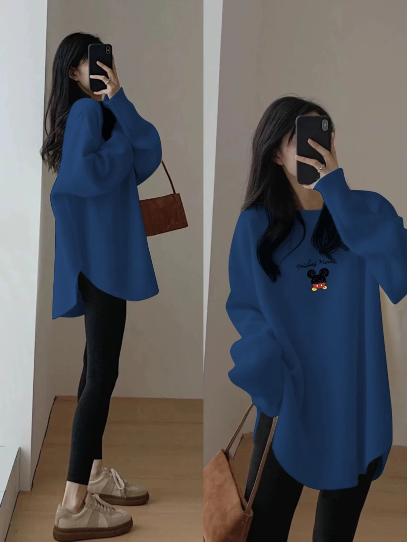 复古蓝色德绒加绒加厚宽松拼接撞色中长款遮臀搭配鲨鱼裤上衣女