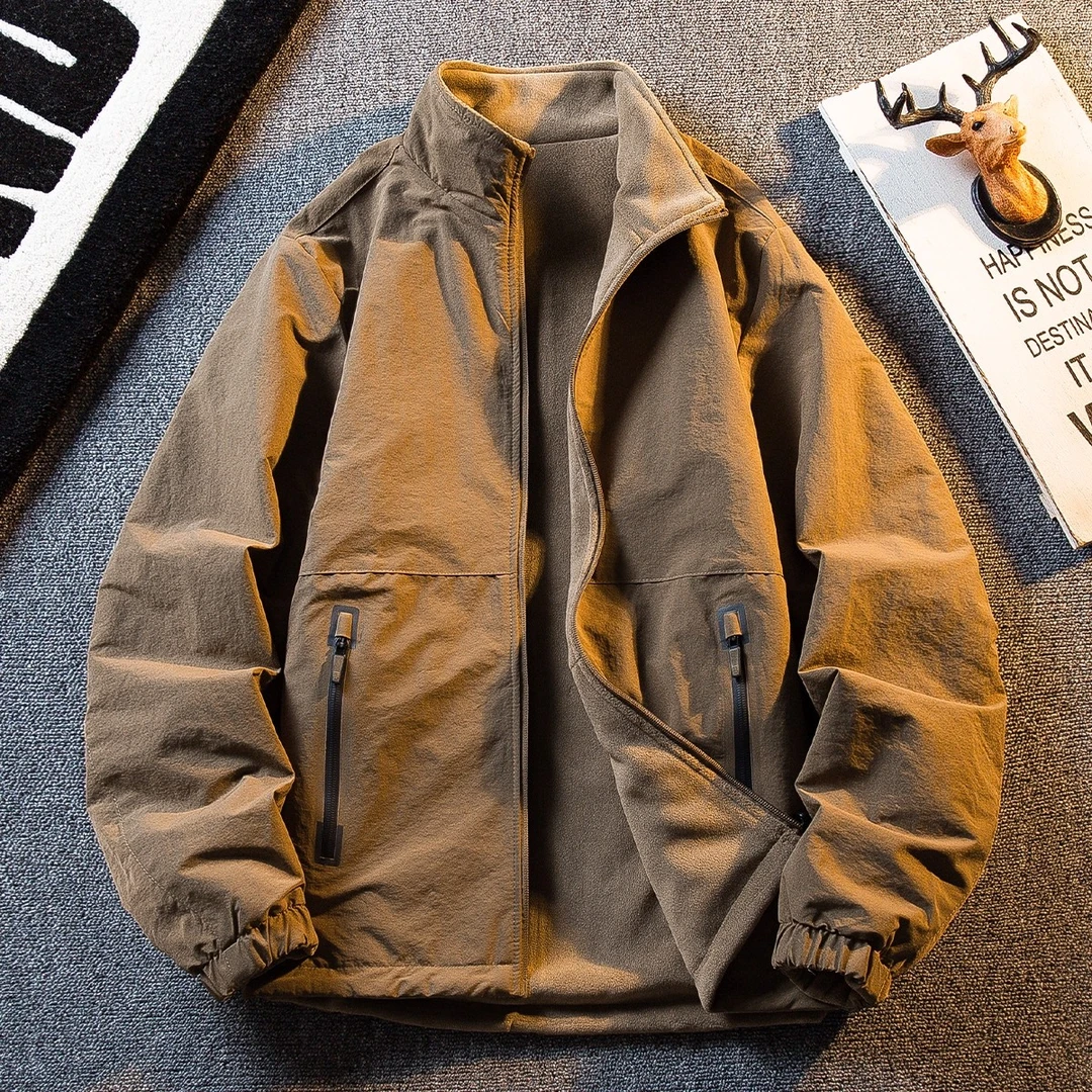 2025加绒加厚双面穿外套男秋冬款保暖加厚摇粒绒男士休闲立领夹克