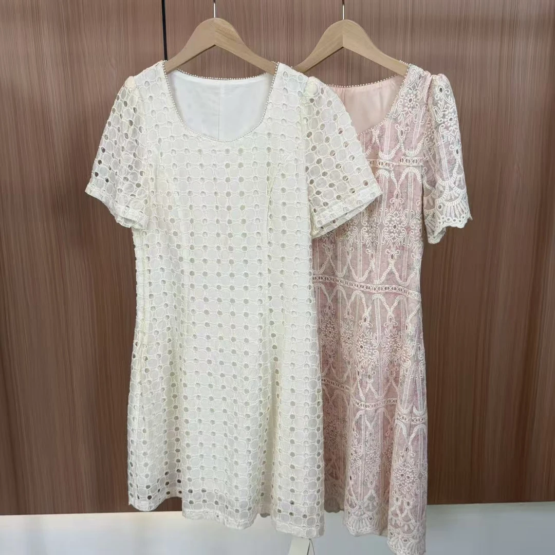 315时尚提花吸汗镂空设计师蕾丝连衣裙方领法式中长裙