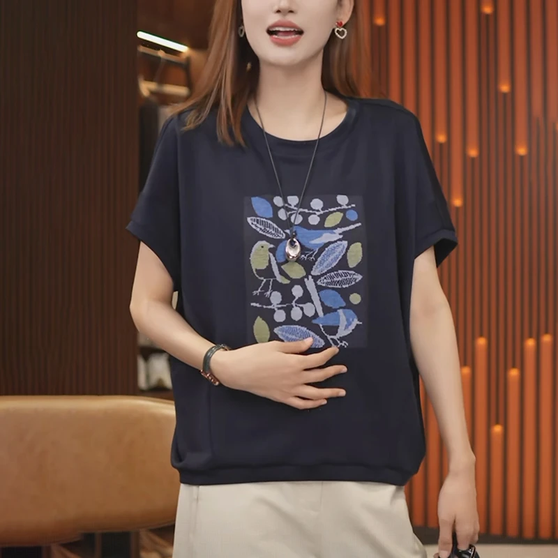 圆领印花短袖t恤女2025夏季宽松显瘦时尚减龄设计感大码体恤上衣