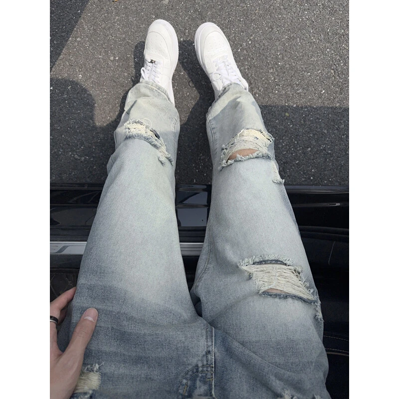 美式复古破洞牛仔裤vibe男款夏季修身显瘦裤子高级感窄版直筒微喇