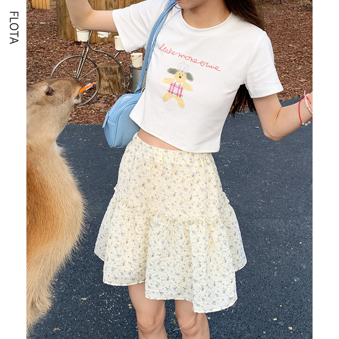 【flota】法式田园风碎花奶杏色蓬蓬裙a字甜美花边设计小个子0201