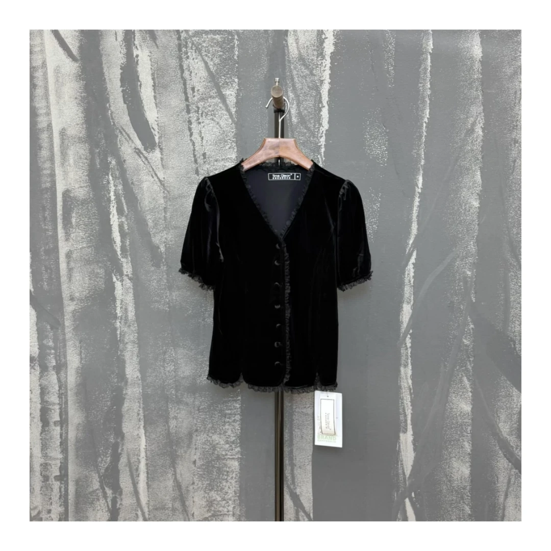 订制法式重磅丝绒单衫（衣长52cm)(682682）设计师女装