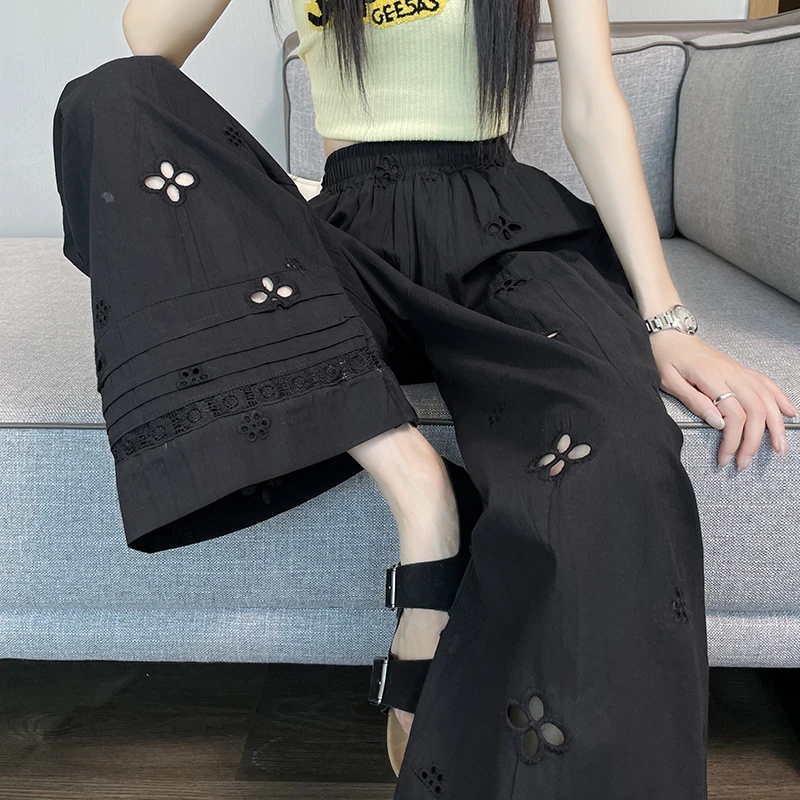 黑色镂空阔腿裤女夏季2025新薄款刺绣气质高腰宽松休闲显瘦九分裤
