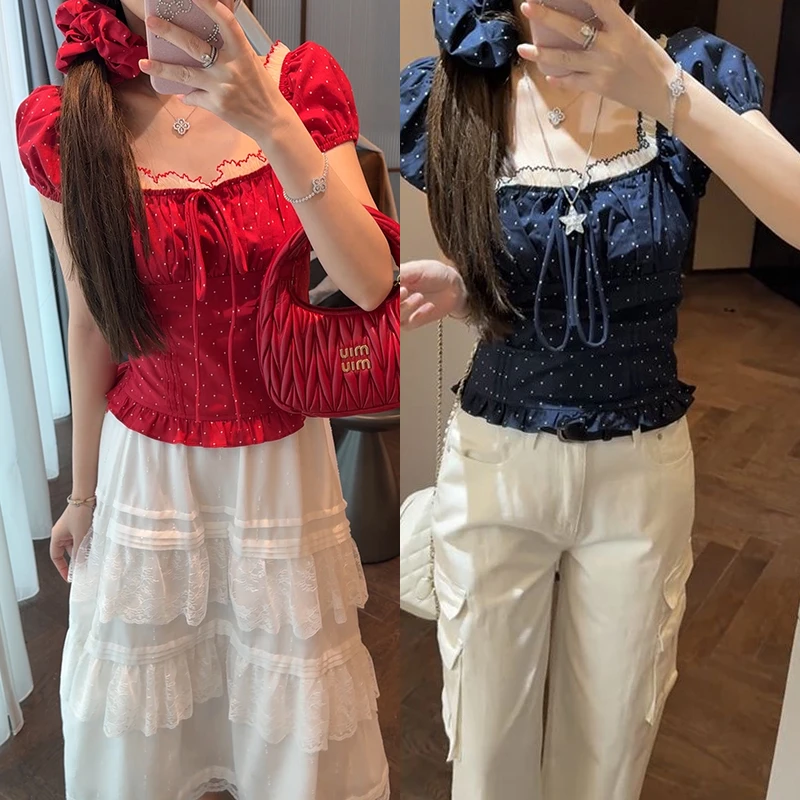 【mimius】U 韩系木耳边方领气质波点短袖上衣（含发圈） G03485