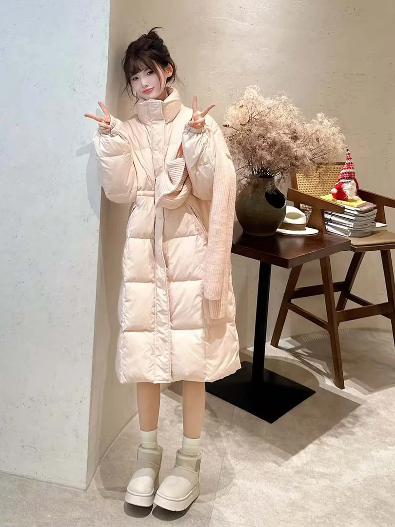 2025冬季新羽绒服中长款围巾连帽收腰立领显瘦韩版加厚白鸭绒外套