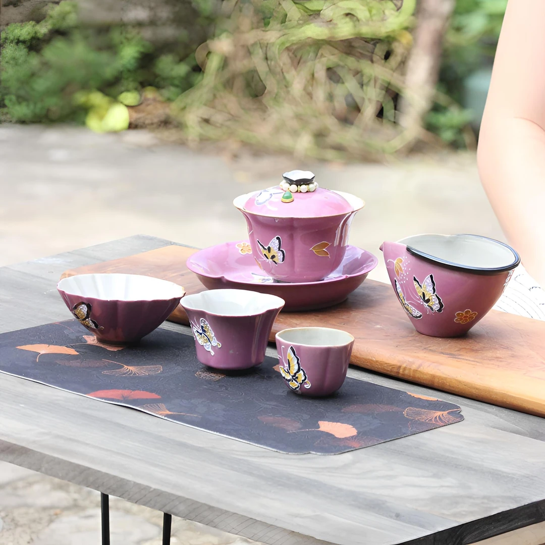 亘古茶具紫蝴蝶泡茶盖碗茶壶家用喝茶公道杯分茶器壶承陶瓷主人杯