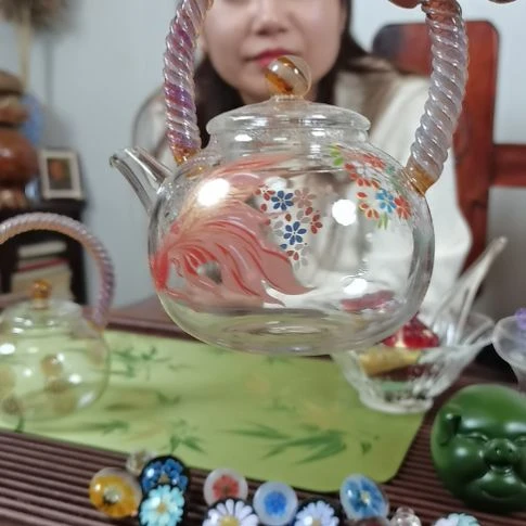 耐热玻璃盖子款金鱼提梁壶
