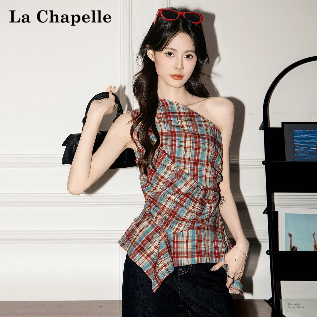 拉夏贝尔格纹斜领露肩背心吊带裙女2025夏季新不规则美背无袖上衣