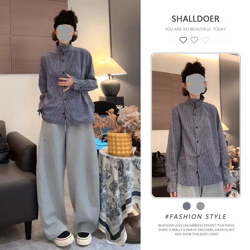 2025秋季新款立领长袖衬衫+休闲阔腿裤两件套女时尚显瘦洋气套装