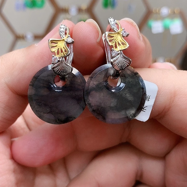 银S925镀金镶嵌翡翠耳饰天然翡翠耳饰