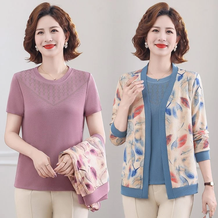 圆领外套薄款时尚中老年女装春秋气质洋气休闲两件套妈妈装