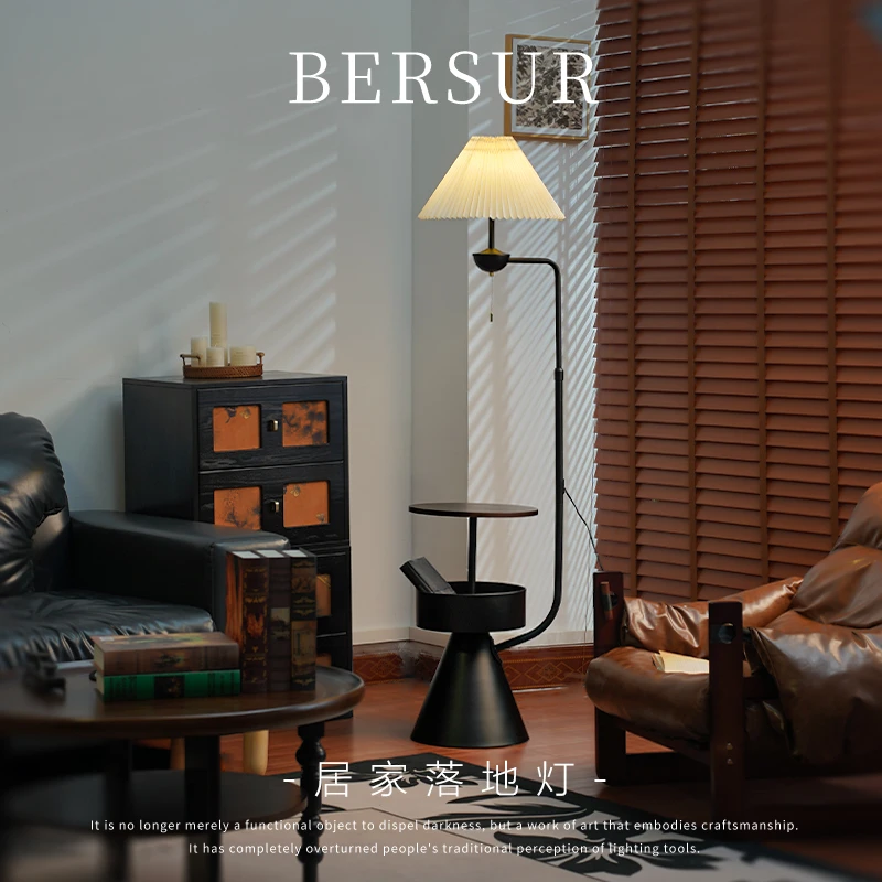 百褶落地灯中古卧室床头置物架一体灯复古美式客厅沙发边立式台灯