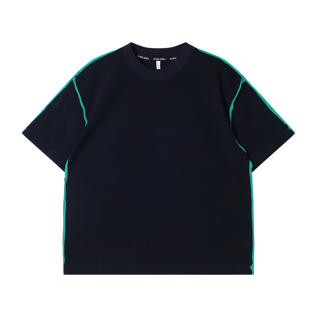 夏季新款高级感潮流撞色裁剪圆领短袖T恤百搭情侣宽松套头上衣