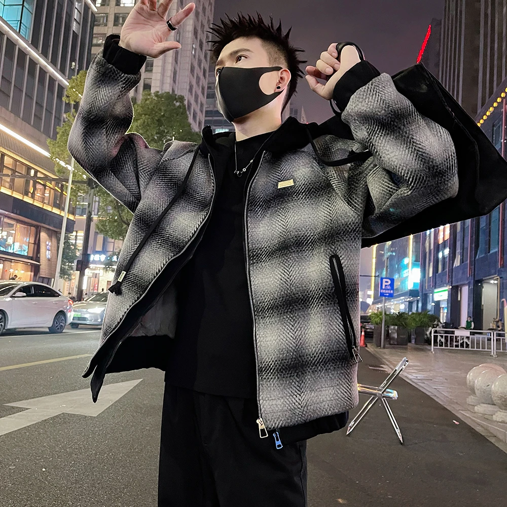 冬季男士连帽格子加绒保暖棉衣外套假两件棉服潮流男装休闲棉袄潮
