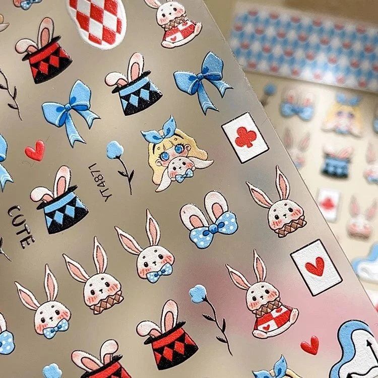 2025新款魔法小兔浮雕美甲贴纸3D复古蓝玫瑰diy笔杆水杯ccd可爱贴
