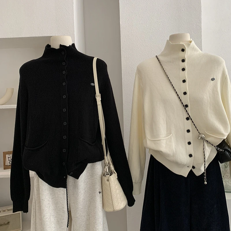 立领单排扣针织开衫女秋冬新款软糯气质毛衣外套上衣