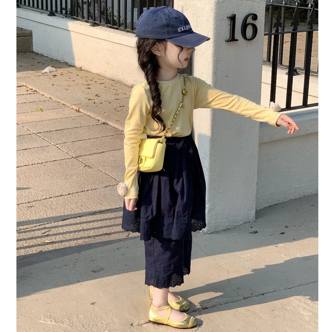 现货女童2025春夏新款五一出游黄色T恤上衣打底衫蕾丝花边裙裤