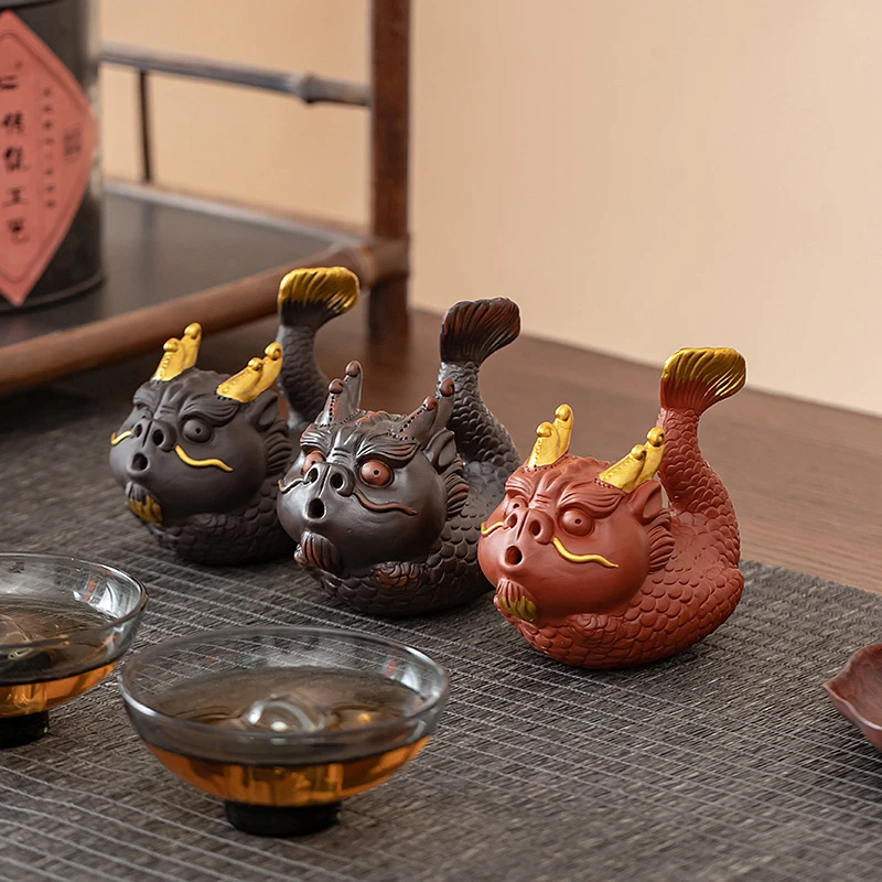 紫陶茶宠吐泡泡龙摆件招财可养古风龙鱼貔貅茶盘茶台功夫茶具配件