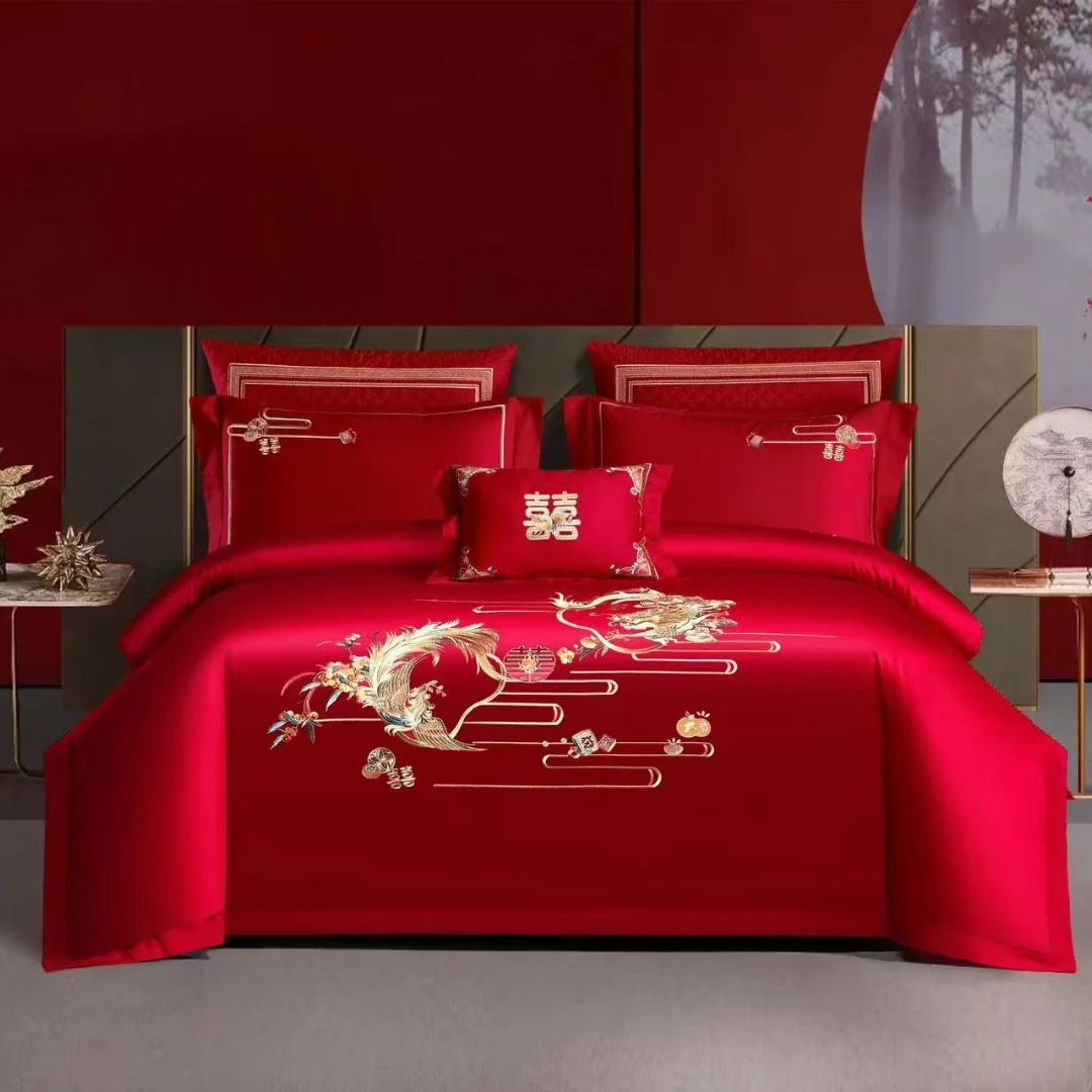 夏季磨毛婚庆床品套件床单婚房男方喜被四件套刺绣婚床被套