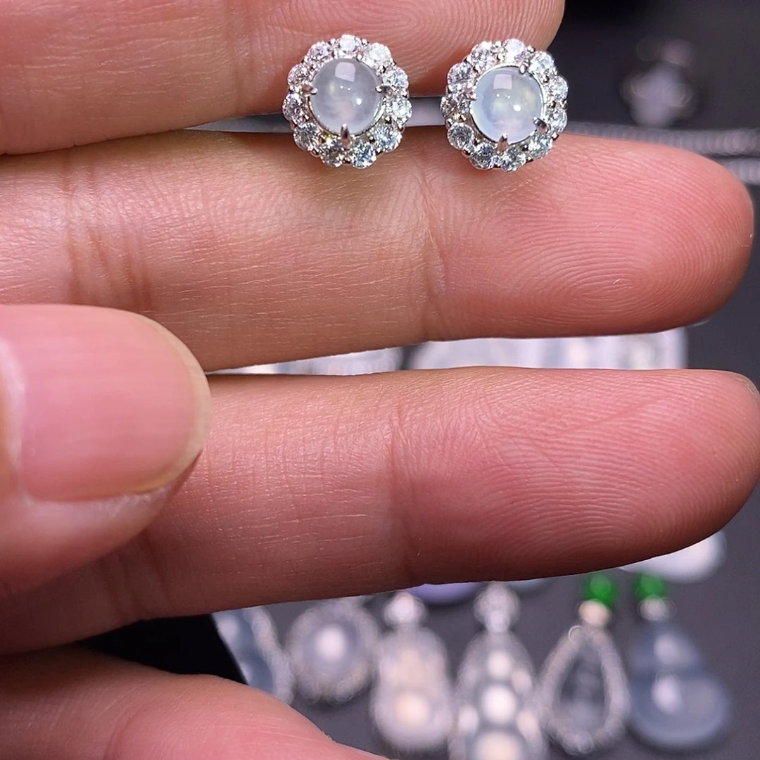 翡翠银S925镶嵌耳饰蛋面耳钉