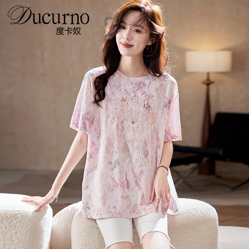 度卡奴圆领字母刺绣蕾丝T恤女2025夏季时尚洋气减龄百搭短袖上衣2