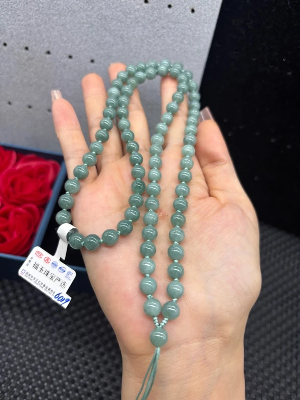 福利天然A货缅甸翡翠苹果绿圆珠7mm玉石吊坠绳毛衣链长链时尚百搭