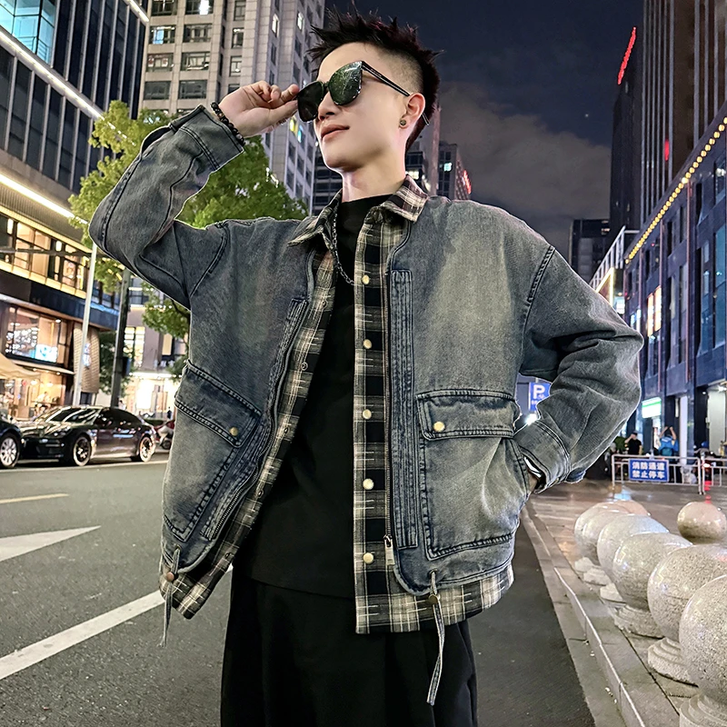 格子拼接假两件牛仔夹克男款春秋季2025新款美式复古水洗工装外套