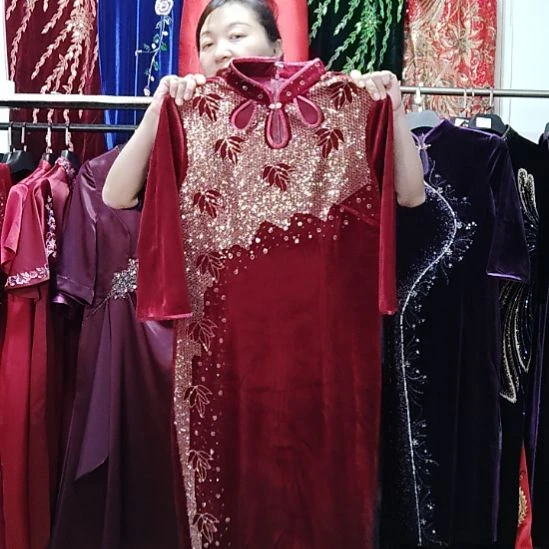 5XL旗袍烫钻旗袍长款