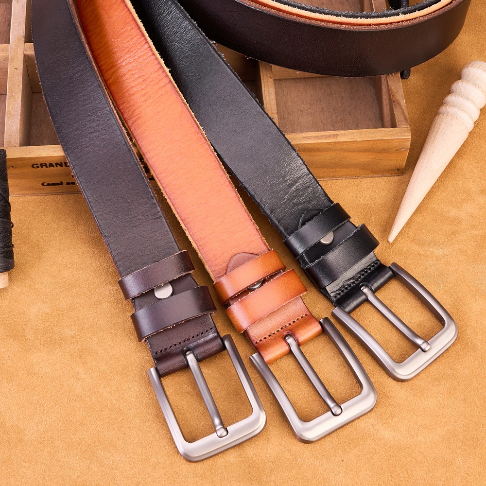 OLLYJAMES新款男士复古手工牛皮腰带休闲百搭韩版纯牛皮皮带礼盒