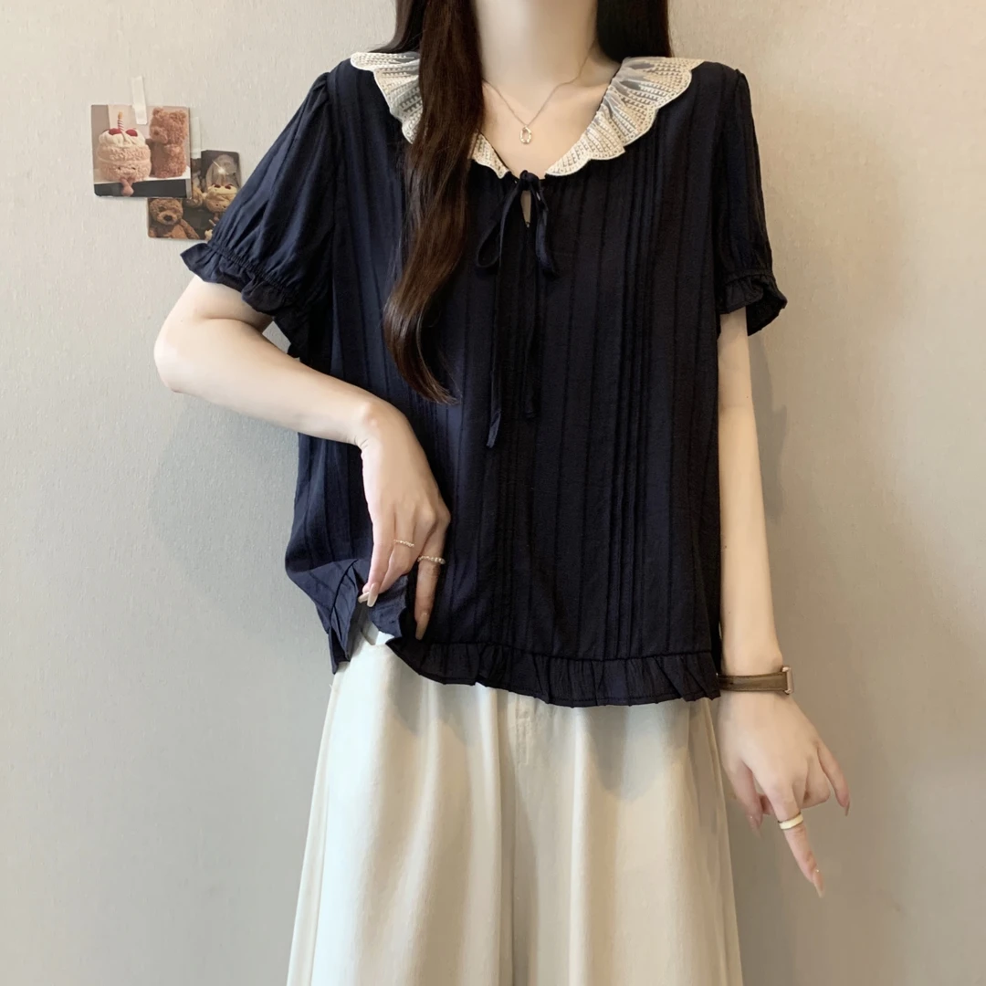 荷叶娃娃领甜美洋气衬衫女夏季大码胖mm超好看漂亮显瘦遮肚子上衣