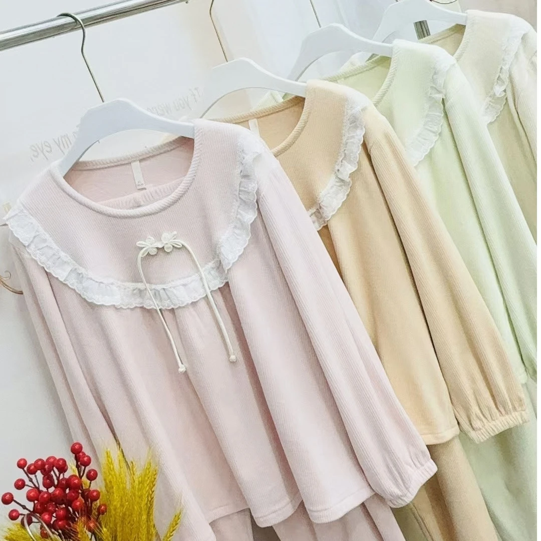 女士国风结花边海岛绒家居服套装 6483