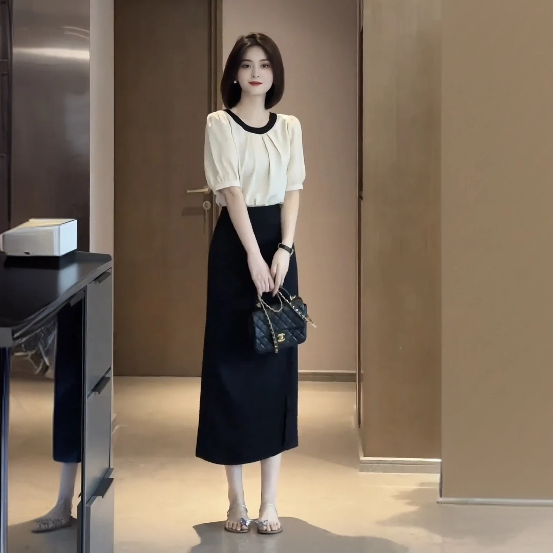 2025夏季时尚套装裙减龄小香风上衣搭配复古高腰A字半身裙