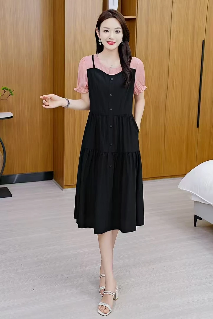 圆领夏季收腰小个子天丝连衣裙洋气气质清抽绳宽松减龄休闲百搭