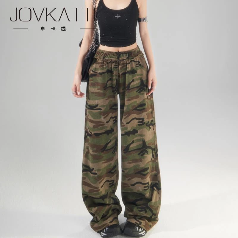 Jovkatti2025秋季新款美式复古设计感迷彩休闲裤女宽松百搭