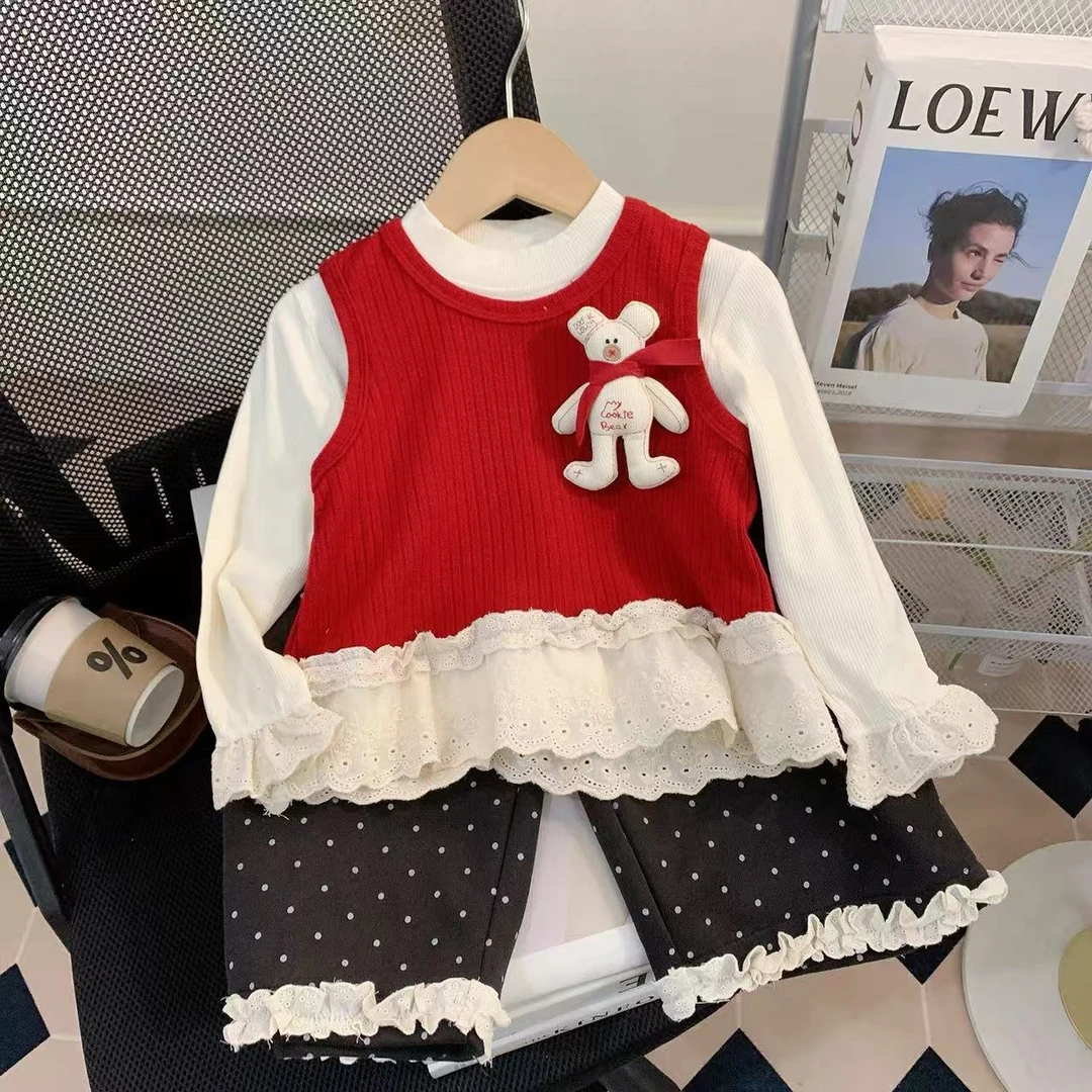 【韩系简约】新款儿三件套童卫衣套装女童可爱玩偶套装花边裤三件套