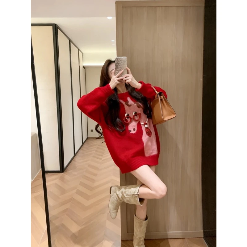 秋冬季慵懒软糯红色宽松长袖上衣设计感绝美小马毛衣针织打底衫女