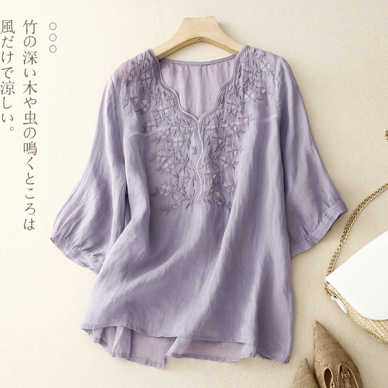 中年妈妈亚麻短袖t恤女宽松夏季2025新款大码胖mm棉麻七分袖上衣