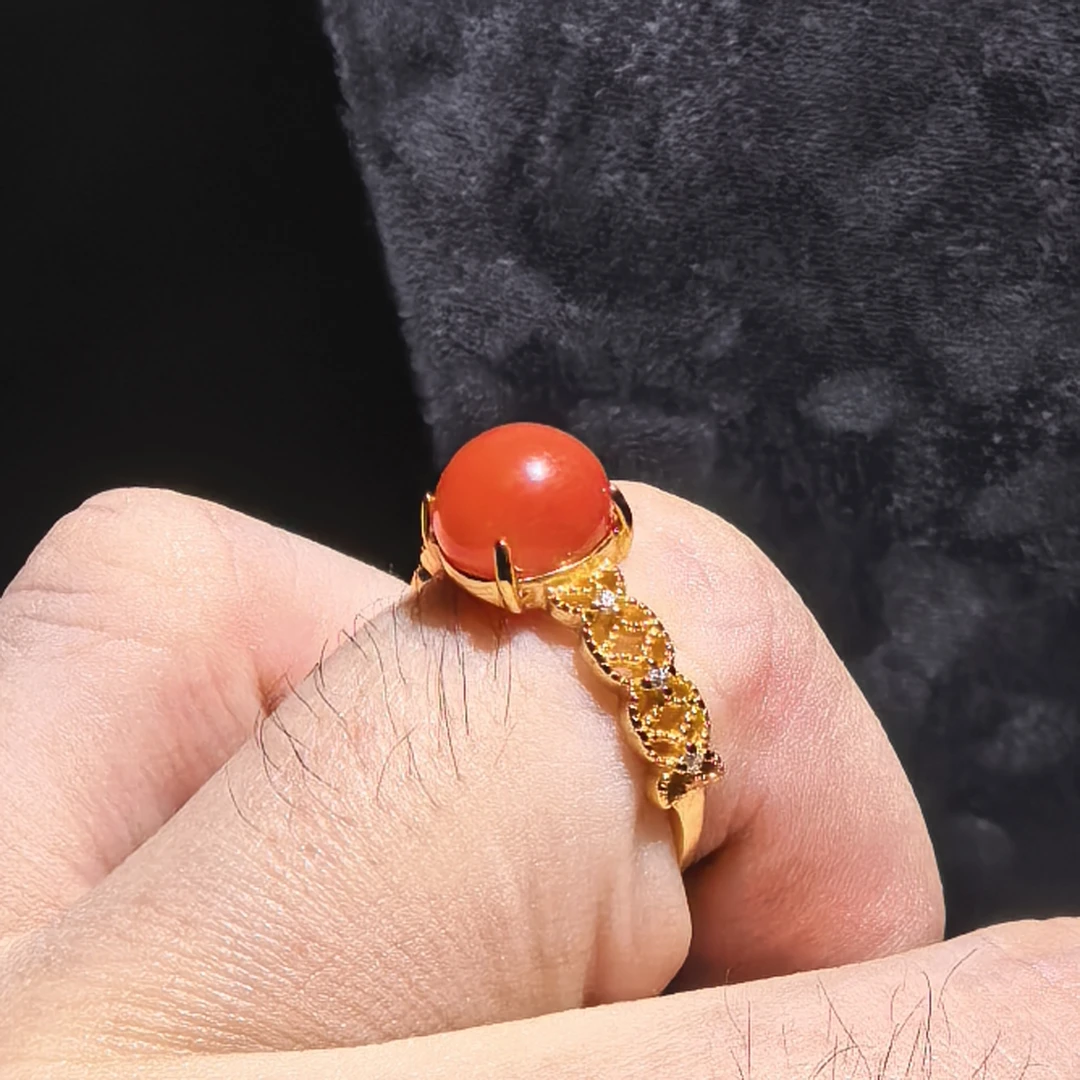 S925银镀金镶嵌天然南红冰飘川料时尚戒指开口可调节