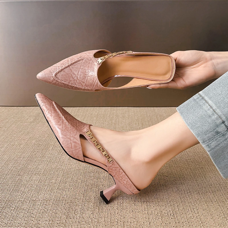 5cm时尚气质包头凉拖鞋夏季真皮尖头凉鞋百搭外穿半拖细跟配裙子