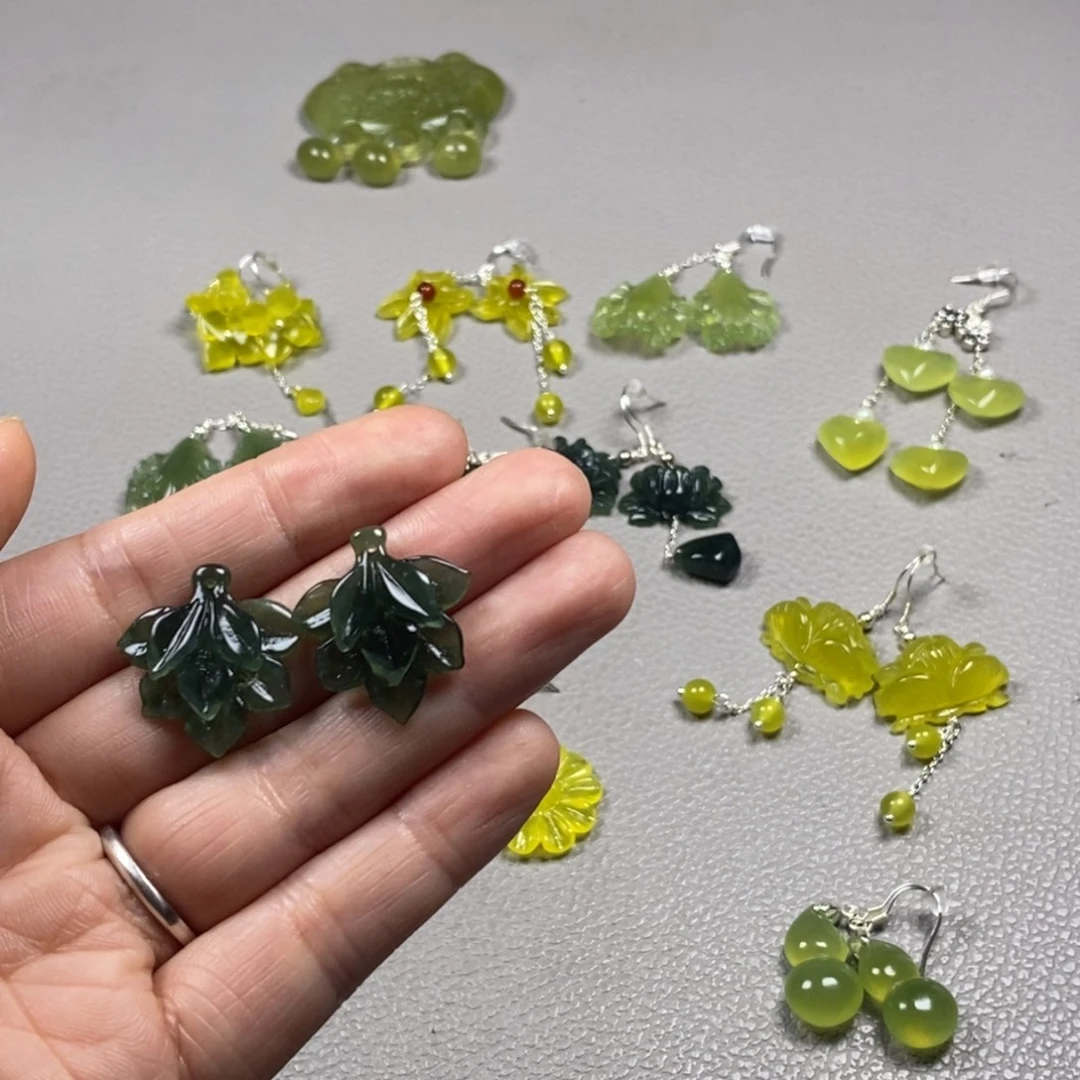 蛇纹石玉银S925镶嵌挂件耳饰