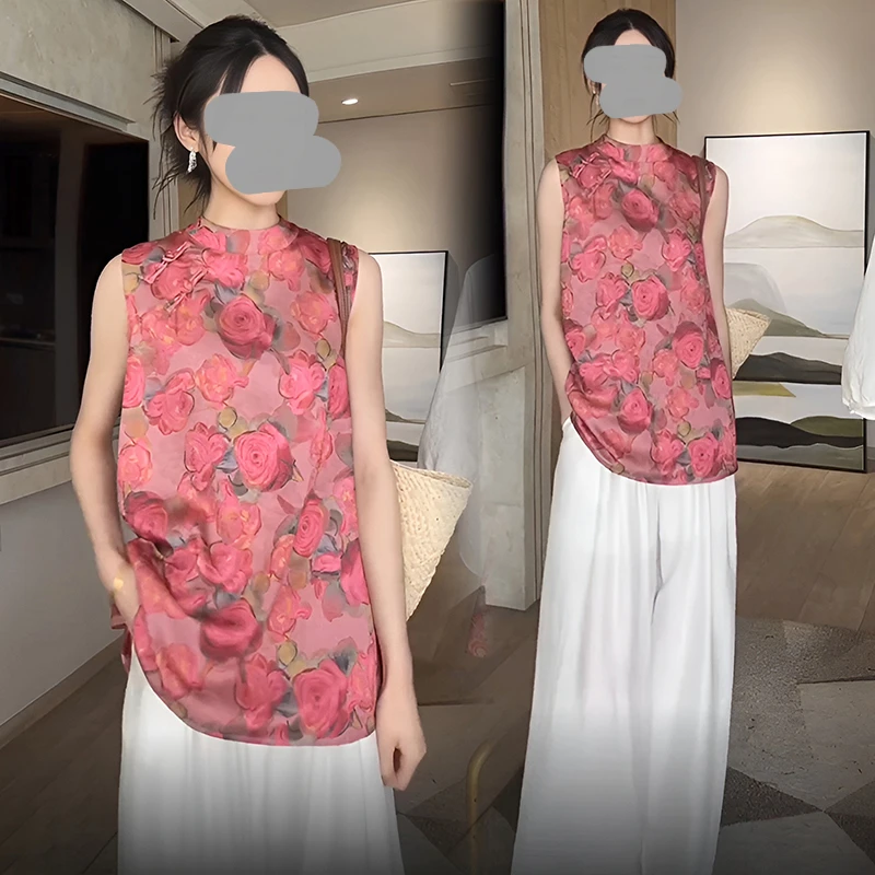 巨好看的夏装姐系贵感气质新中式国风印花玫无袖上衣休闲裤套装女